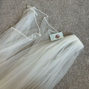 Ivory Cathedral Length Bridal Veil with Beaded Pearl Trim